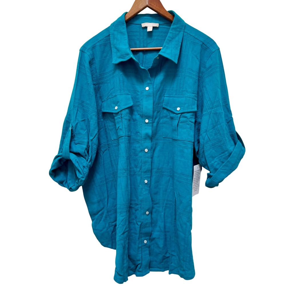 Woman Within Turquoise Cotton‎ Button Up Shirt Plus Size 22/24 Roll Tab Sleeves